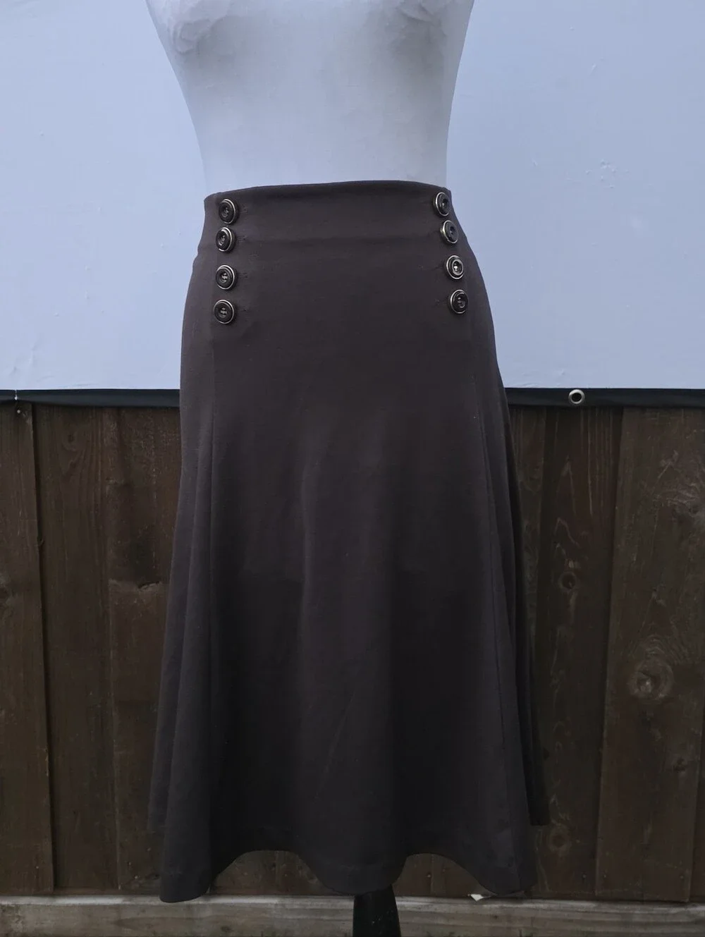 New York & Co High-Waist Dark Brown A-Line Midi Skirt with Button Detail - Picture 3 of 8
